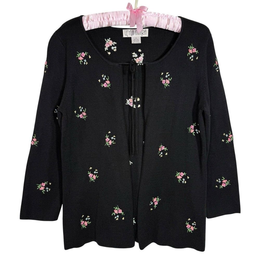 Vintage 90's Cardigan M 100% Silk Knit Floral Embroidered Cottagecore Bow‎ Tie